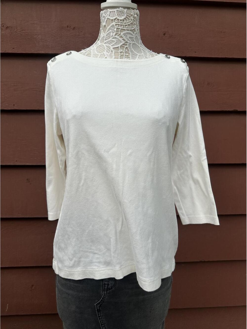 Croft & Barrow White Knit Top with Button Shoulder Detail Classic Casual